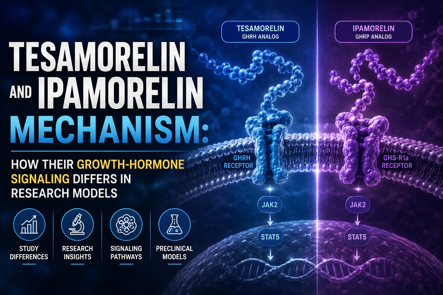 Professional landscape hero image () with : "Tesamorelin and Ipamorelin Mechanism: How Their Growth-Hormone Signaling