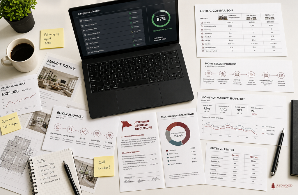 () showing a top-down aerial flat lay of a real estate broker's desk with multiple documents, a laptop showing a compliance