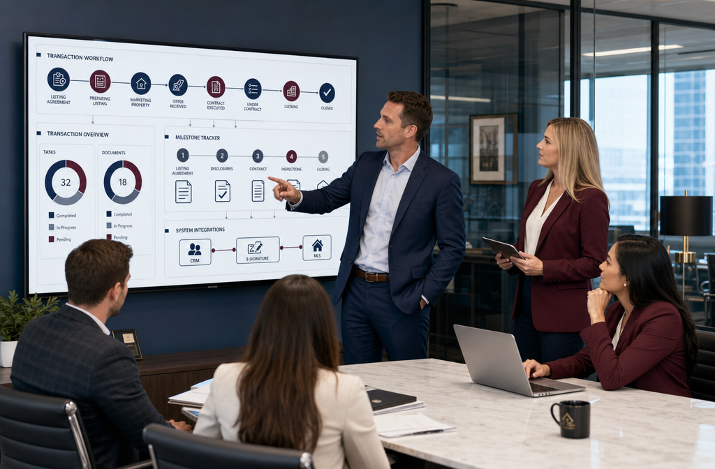() showing a real estate team meeting in a modern glass-walled conference room. A large wall-mounted screen displays a