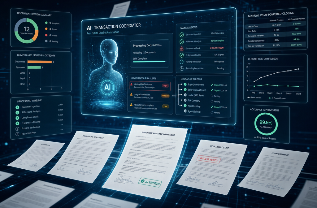 () showing a futuristic concept illustration of an AI transaction coordinator — represented as a glowing digital assistant