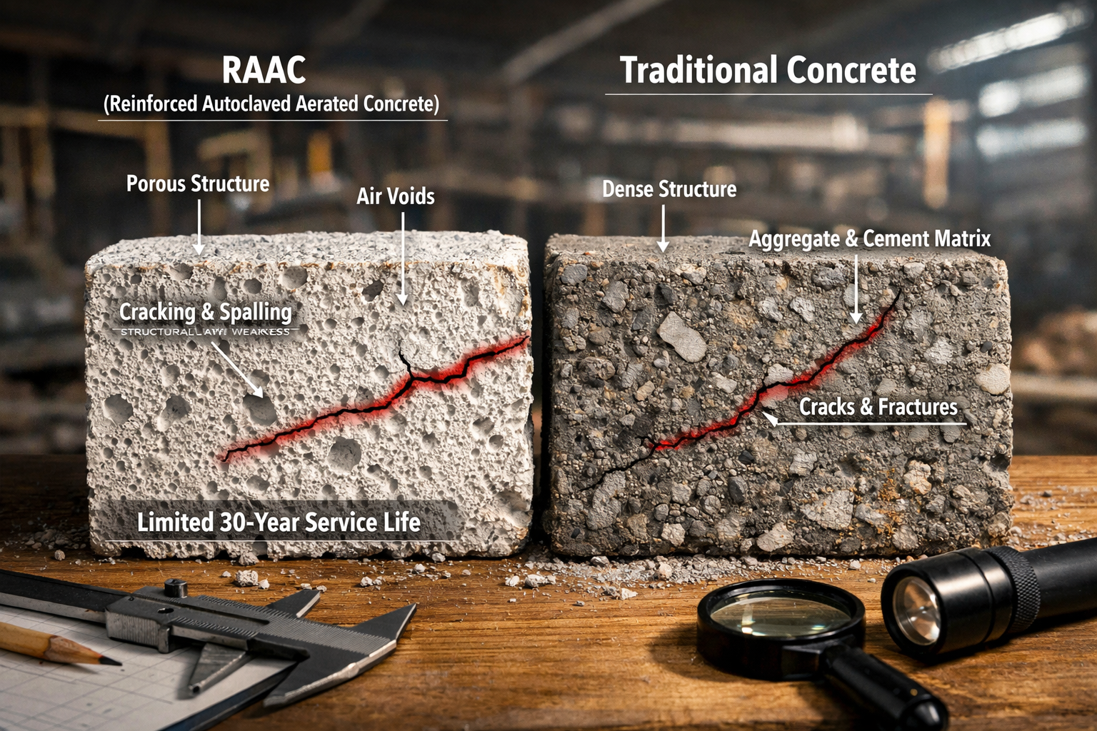 Detailed () image showing close-up cross-section comparison of RAAC (Reinforced Autoclaved Aerated Concrete) versus