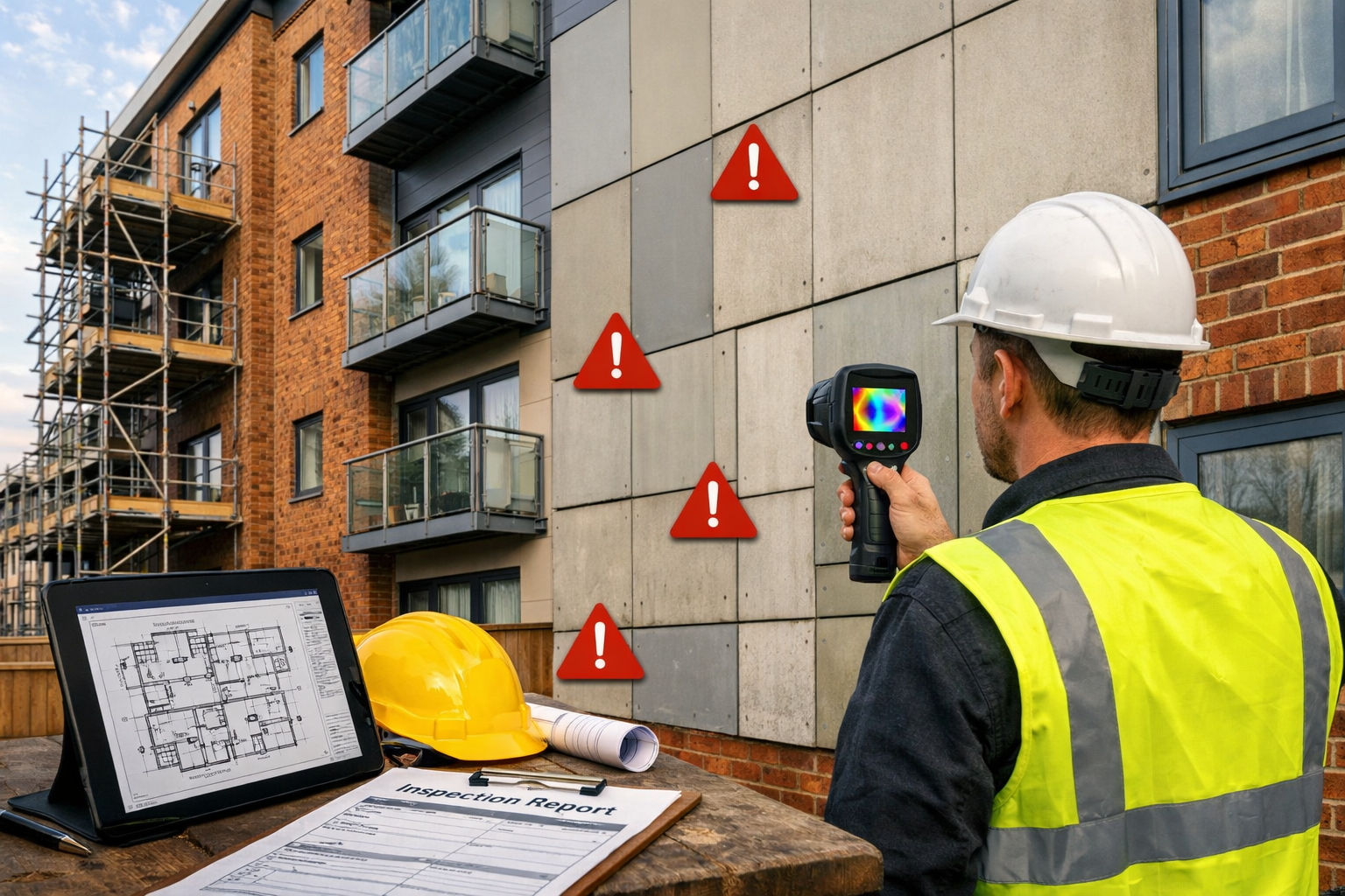 Detailed () image showing residential apartment building facade with problematic cladding panels being inspected,