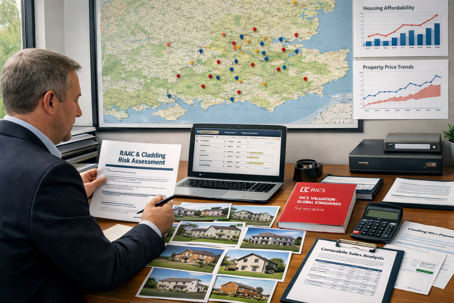 Detailed () image showing professional property valuation scene with chartered surveyor reviewing comparable sales data on