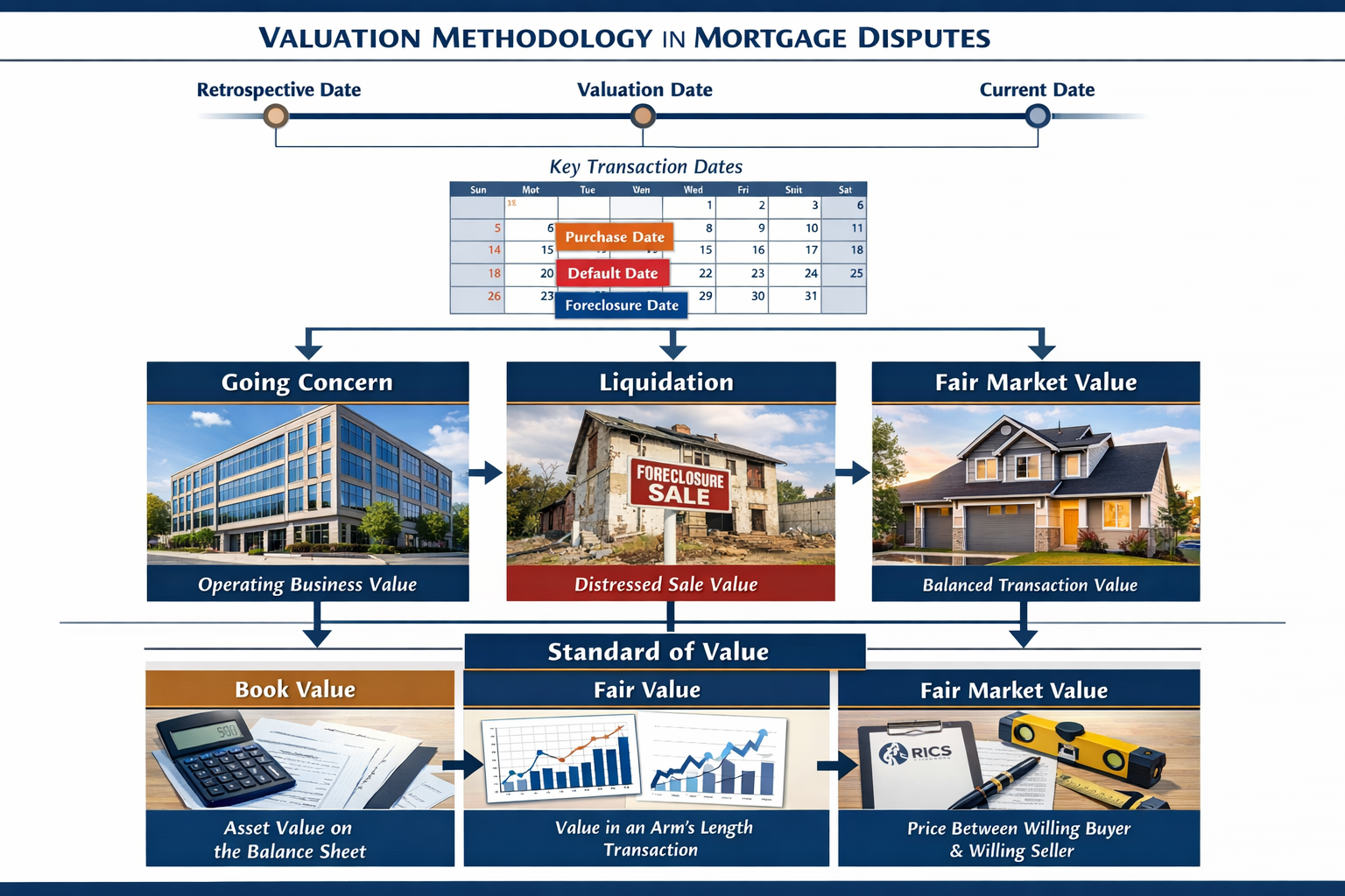 () comprehensive visual breakdown of the three critical valuation methodology components for mortgage disputes. Top section