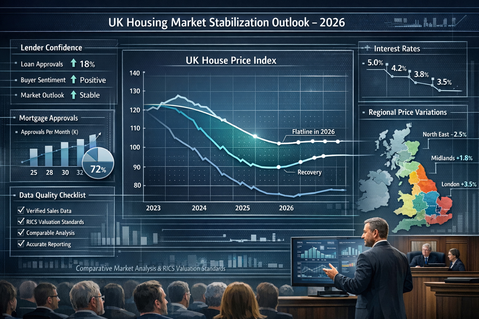 () sophisticated visualization of 2026 UK housing market stabilization data for expert witness preparation. Large central