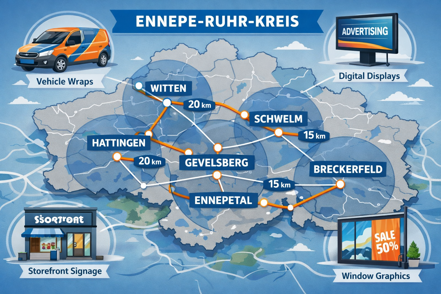 Landscape format (1536x1024) detailed illustration showing map of Ennepe-Ruhr-Kreis region with highlighted cities Gevelsberg, Ennepetal, Sc