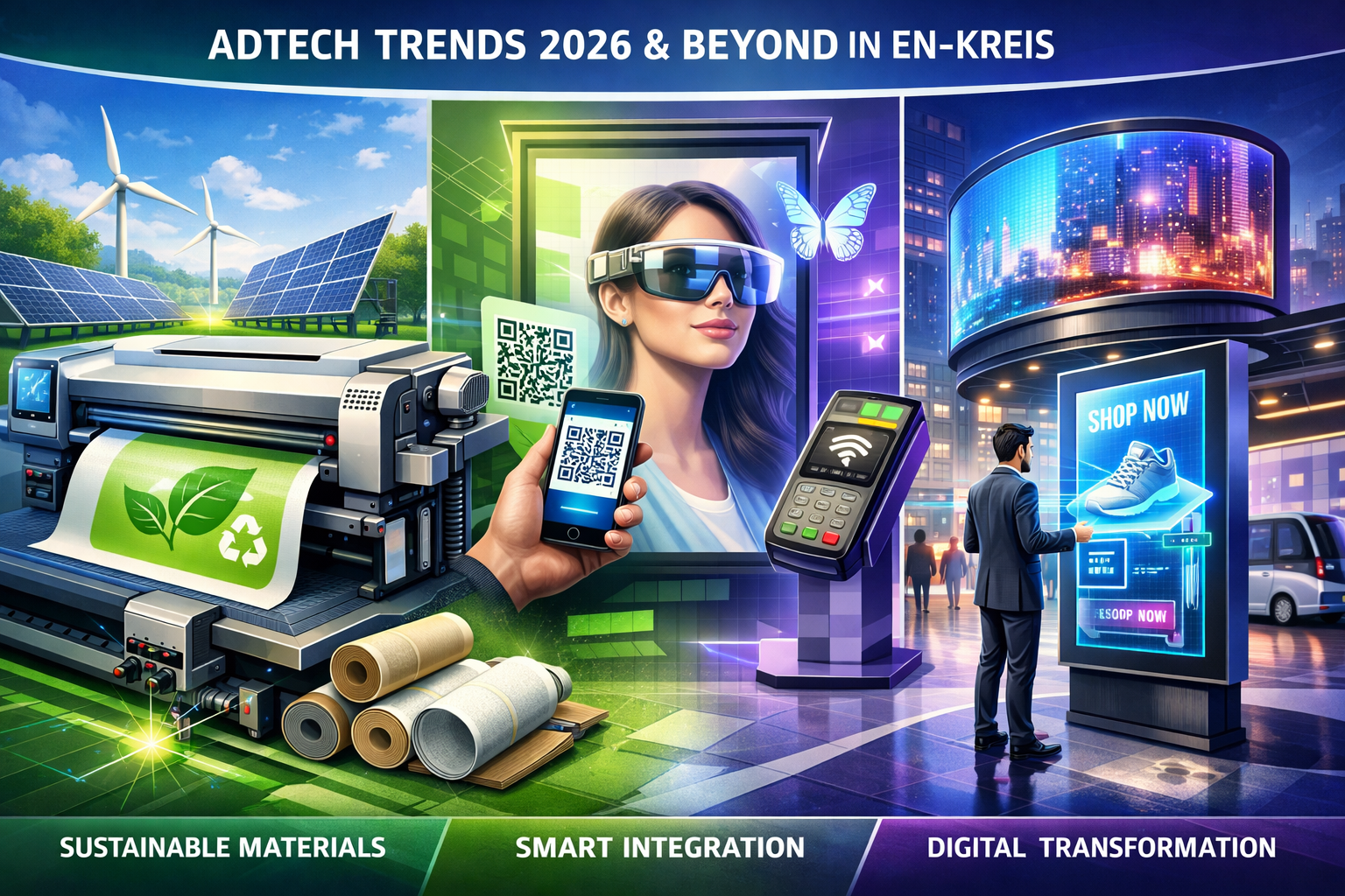 Landscape format (1536x1024) future-focused visualization of advertising technology trends for 2026 and beyond in EN-Kreis region. Split com