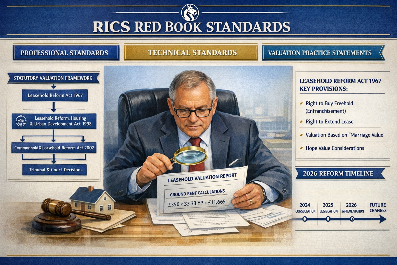 Landscape format (1536x1024) detailed infographic showing RICS Red Book standards framework with three pillars: Professional Standards, Tech