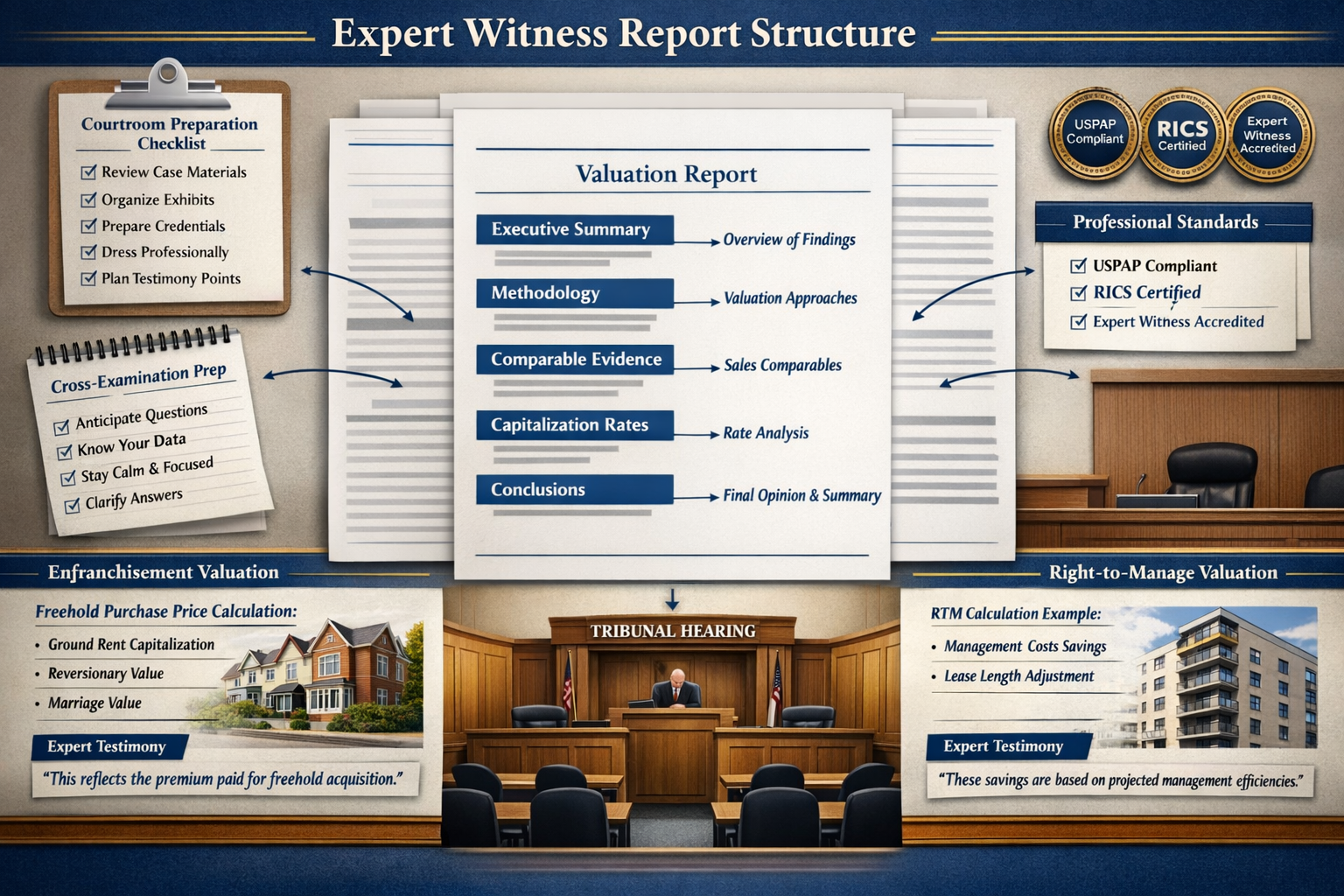 Landscape format (1536x1024) comprehensive visual guide showing expert witness report structure with annotated sample pages. Central documen
