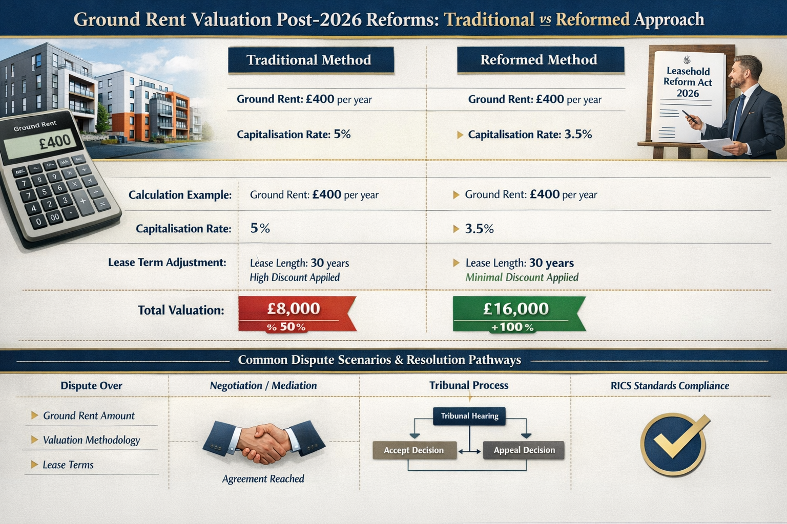 Landscape format (1536x1024) detailed comparison table showing ground rent valuation methodologies post-2026 reforms. Main visual features s
