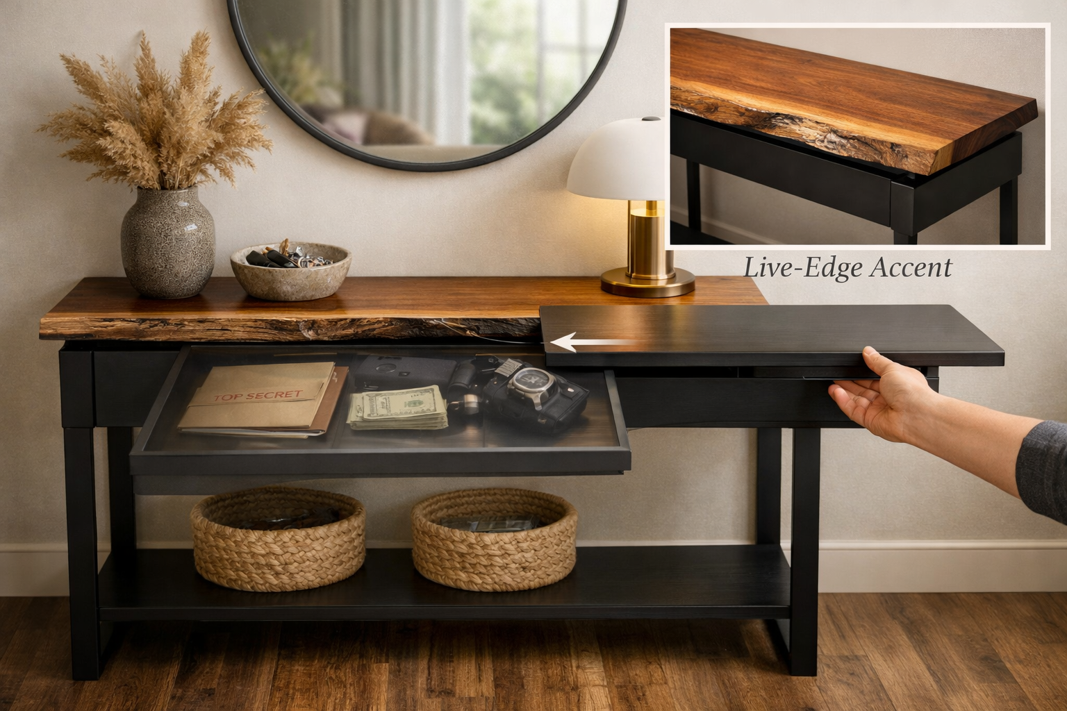 A visually rich landscape format (1536x1024) image illustrating a console table with hidden storage, featuring a sliding panel or a subtle d