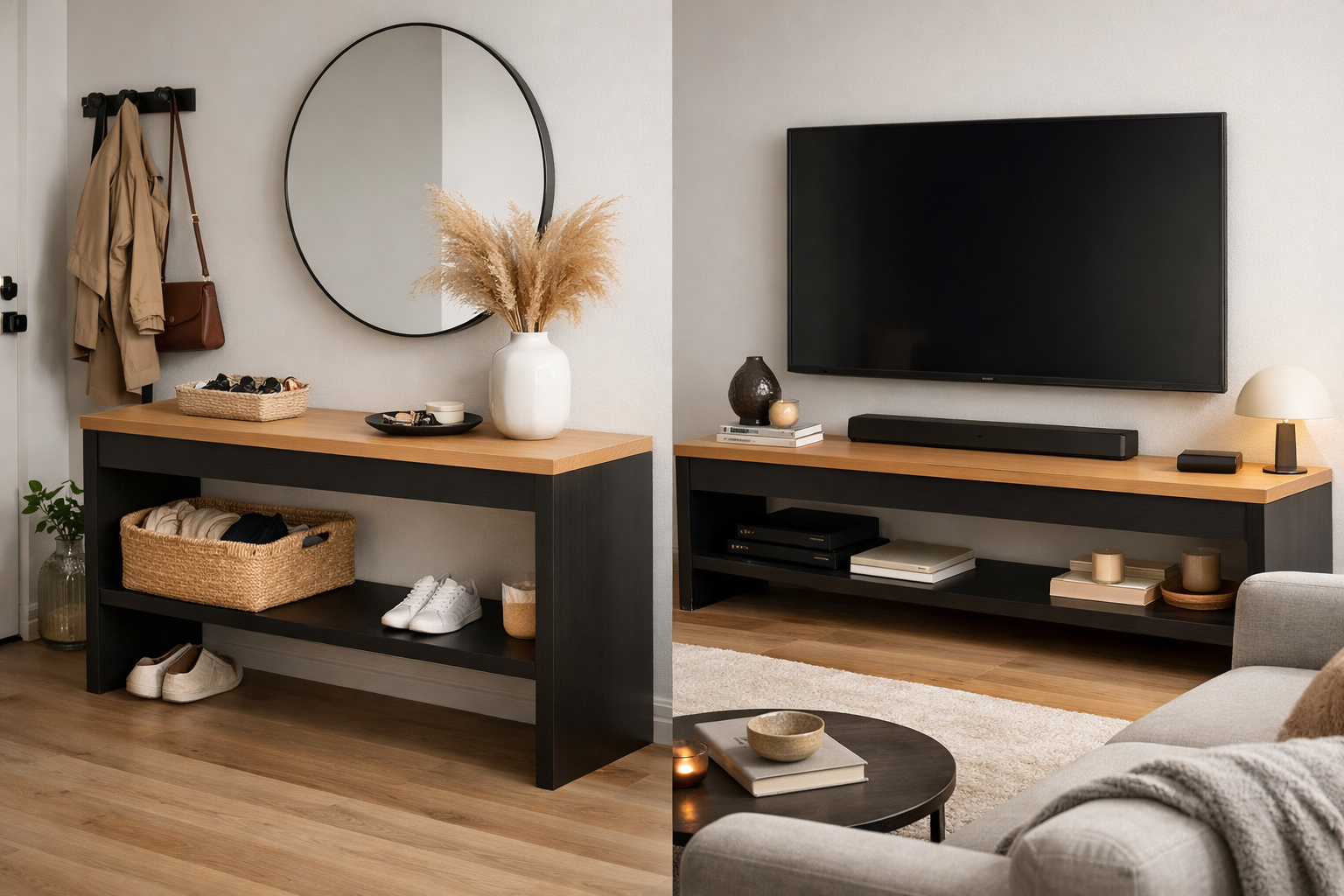 An inspiring landscape format (1536x1024) image showing a finished, custom-built console table serving a dual purpose: a minimalist entryway