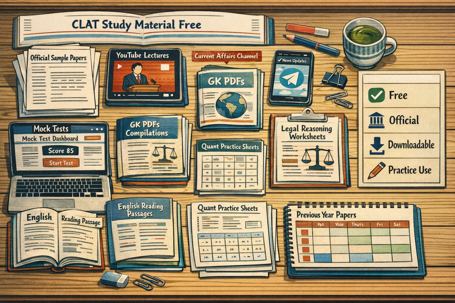 Editorial infographic scene focused on free CLAT study resources, visually distinct from the cover. Show a top-down desk