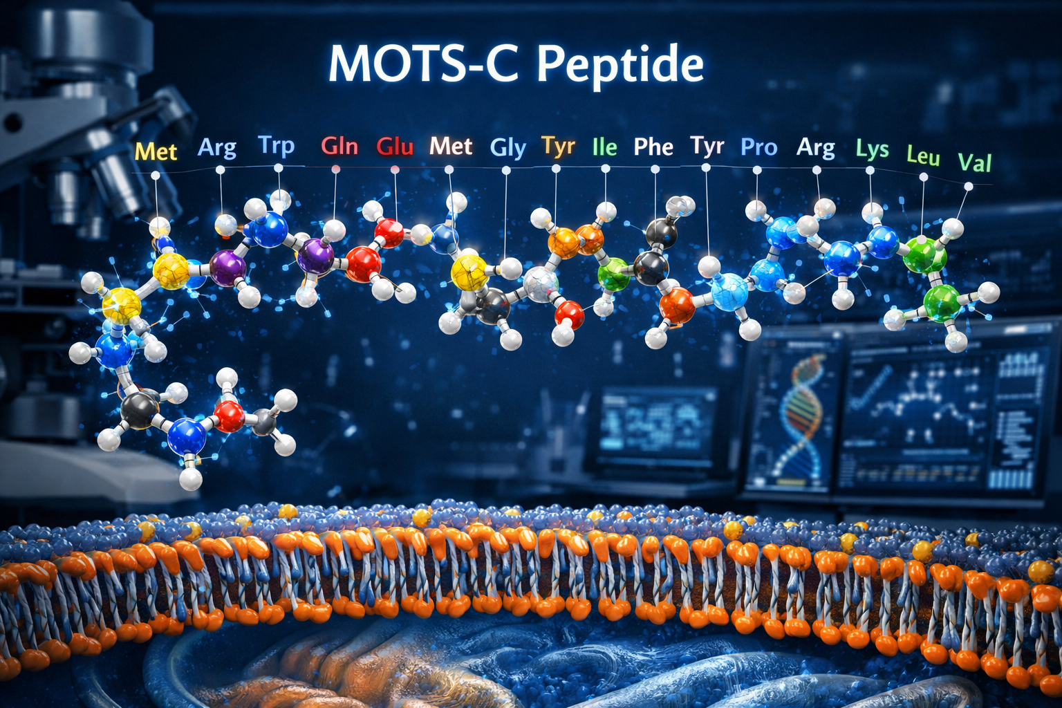 Scientific molecular structure visualization showing MOTS-C peptide chain with 16 amino acid sequence, 3D rendered against dark blue backgro