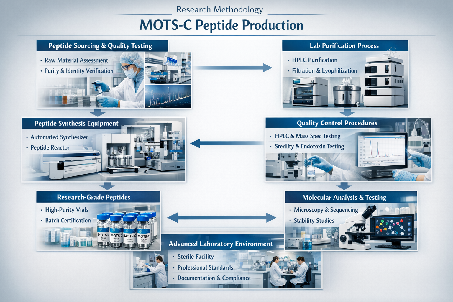 Research methodology infographic showing MOTS-C peptide sourcing and quality testing, laboratory purification processes, peptide synthesis e