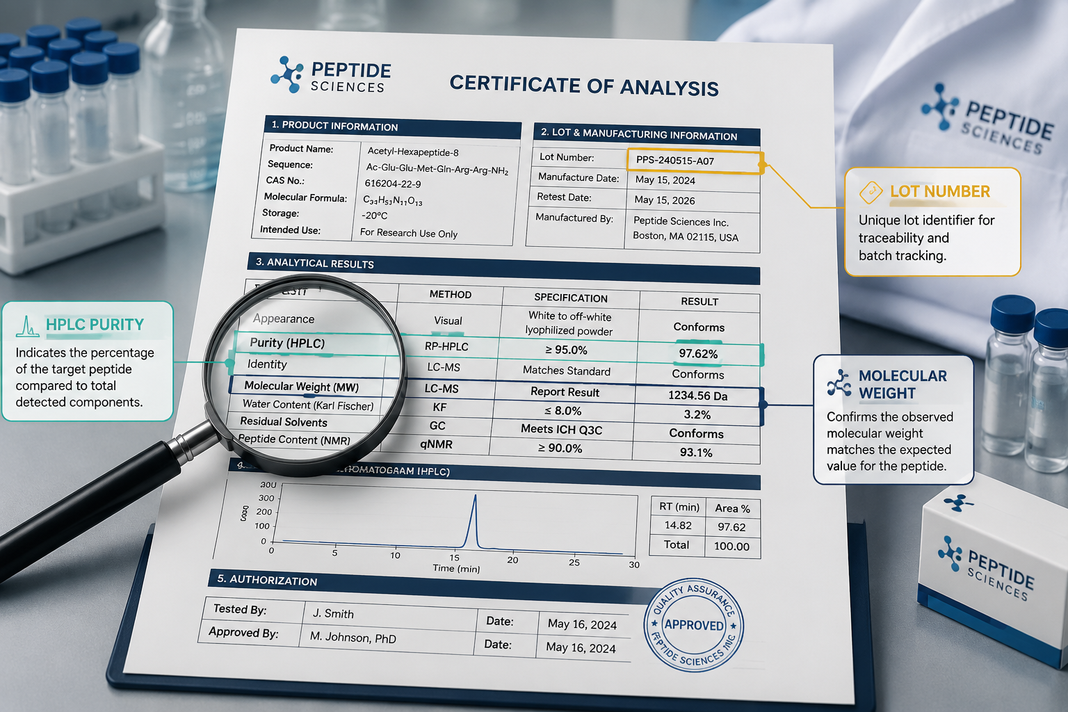 Detailed () infographic-style illustration showing the core sections of a peptide Certificate of Analysis document laid flat