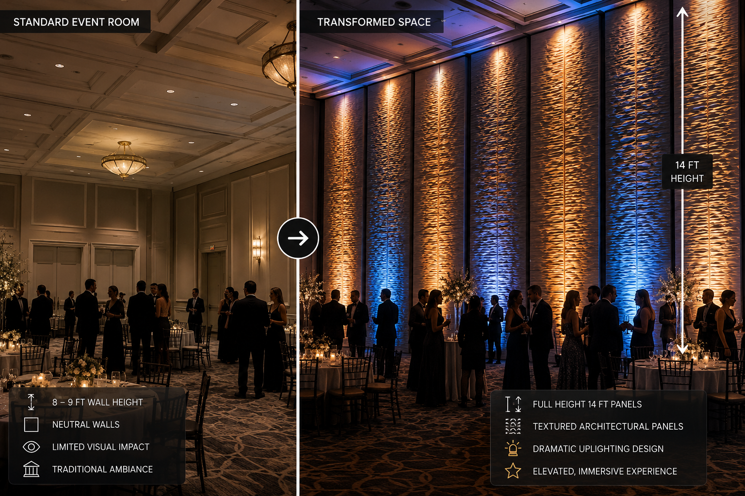 Detailed () showing a side-by-side comparison of a standard event room versus a transformed space featuring full-height