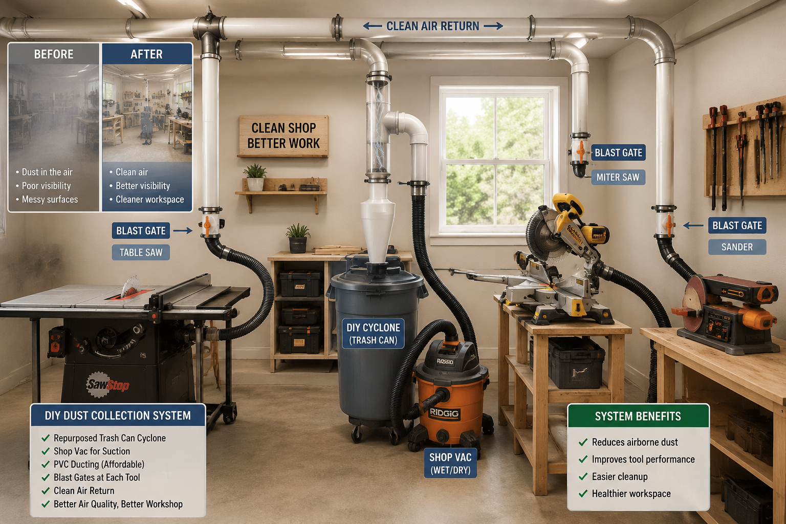 () image illustrating a small, organized workshop with various power tools (table saw, miter saw, sander) actively connected