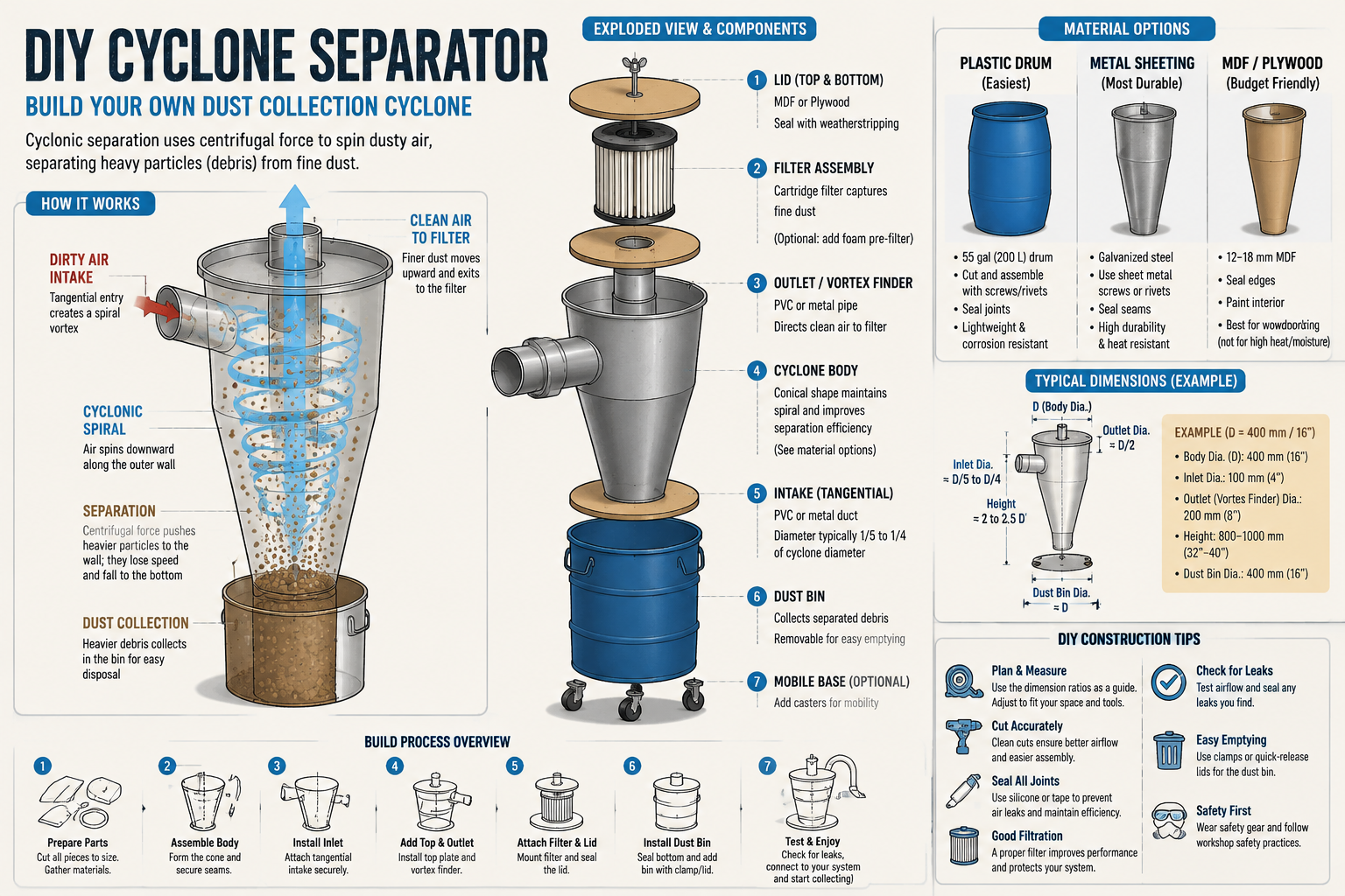() image presenting a detailed schematic or exploded view of a DIY dust collection cyclone separator. The image should