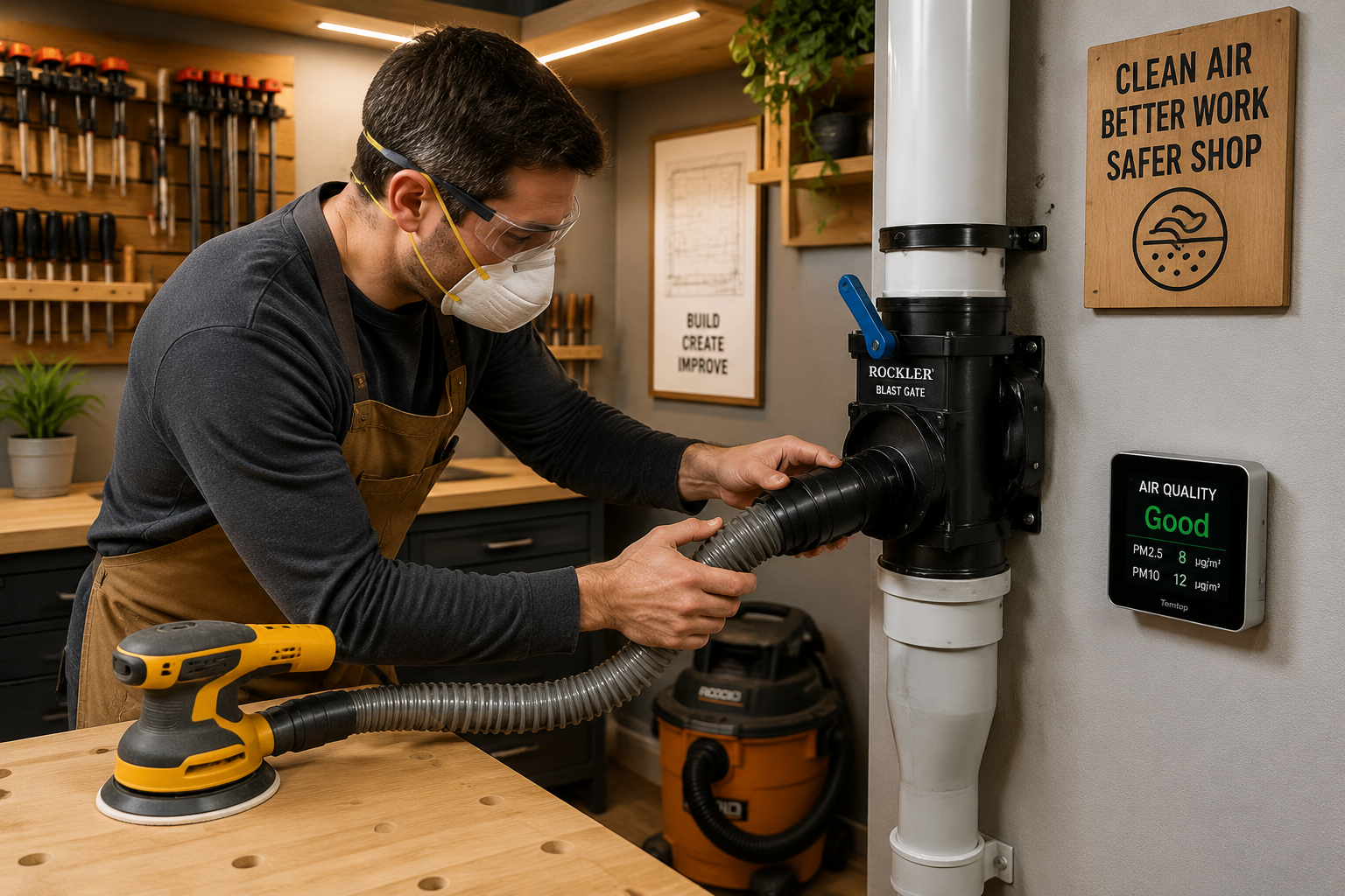 () image depicting a detailed close-up of a workshop corner showcasing the practical implementation of a DIY dust collection