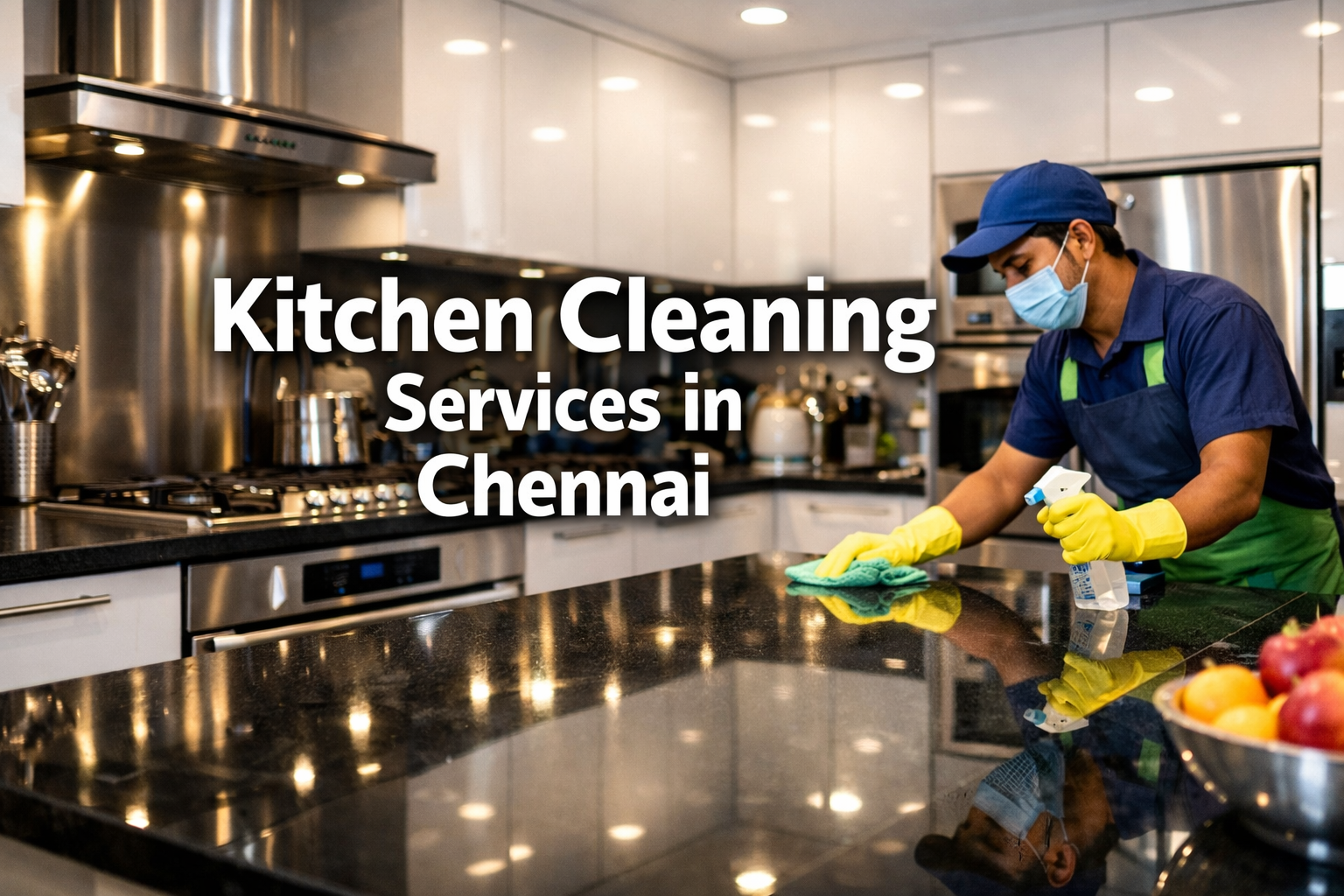 Professional landscape hero image (1536x1024) with bold text overlay: 'Kitchen Cleaning Services in Chennai', modern sans-serif 70pt white t