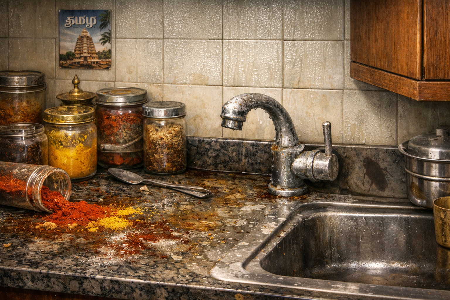 A detailed illustration showing the challenges of kitchen cleaning in Chennai: a kitchen countertop with visible oil stains, spice residue, 