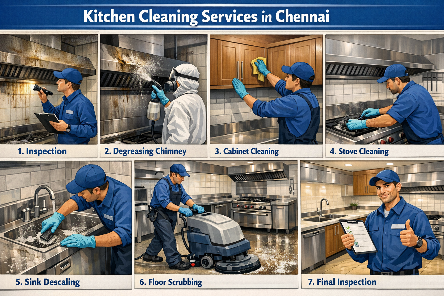 A step-by-step visual representation of a professional kitchen cleaning workflow. The image should be a multi-panel or sequential illustrati