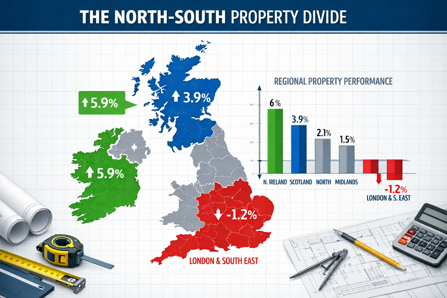 Detailed landscape format (1536x1024) infographic-style image showing UK map with color-coded regions illustrating the north-south property 