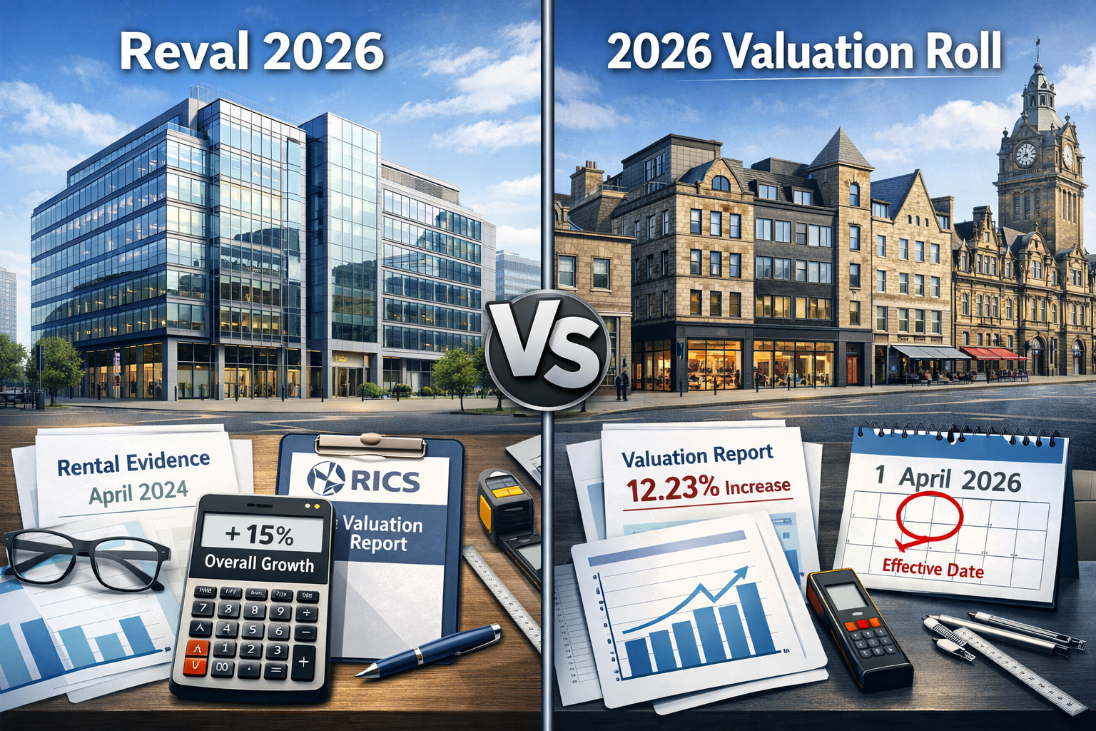 Detailed landscape format (1536x1024) comparative illustration showing two distinct property valuation scenarios side by side. Left panel: N