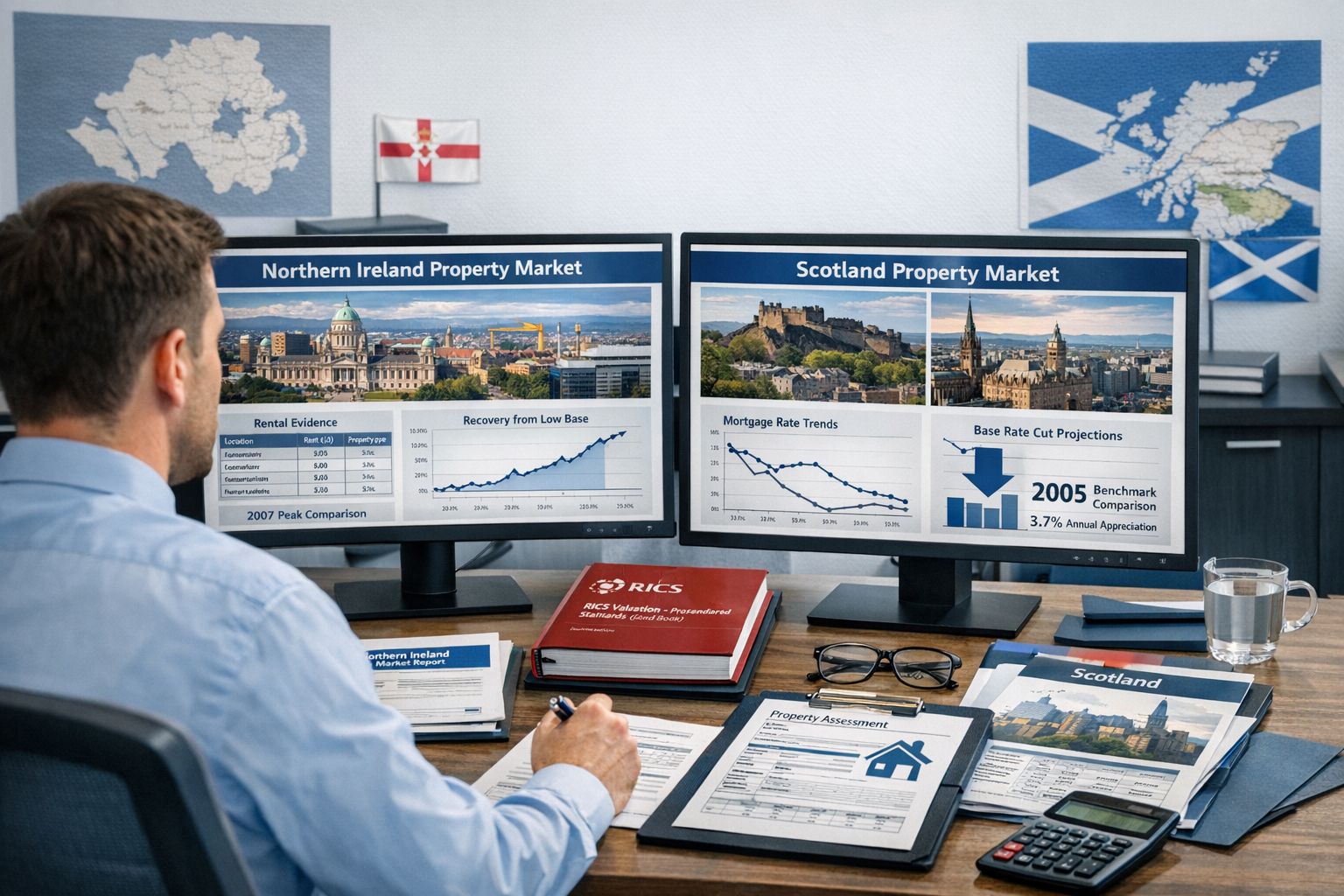 Detailed landscape format (1536x1024) conceptual image showing professional surveyor in modern office reviewing dual computer screens displa