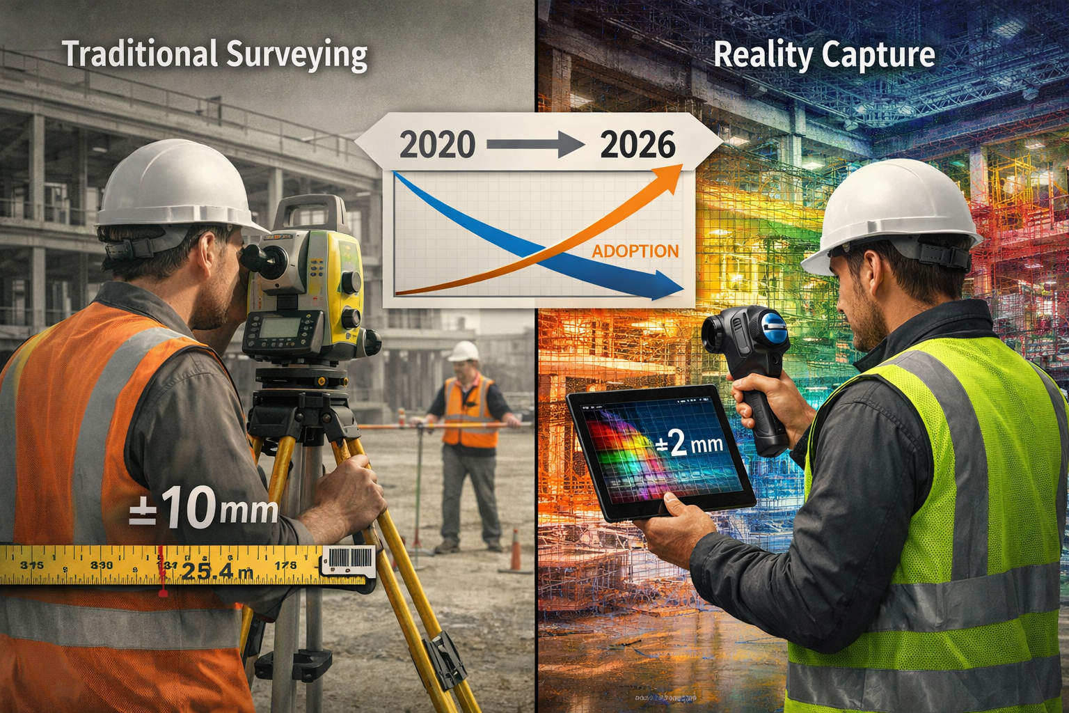 Landscape format (1536x1024) editorial image showing side-by-side comparison of traditional surveying methods versus modern reality capture 