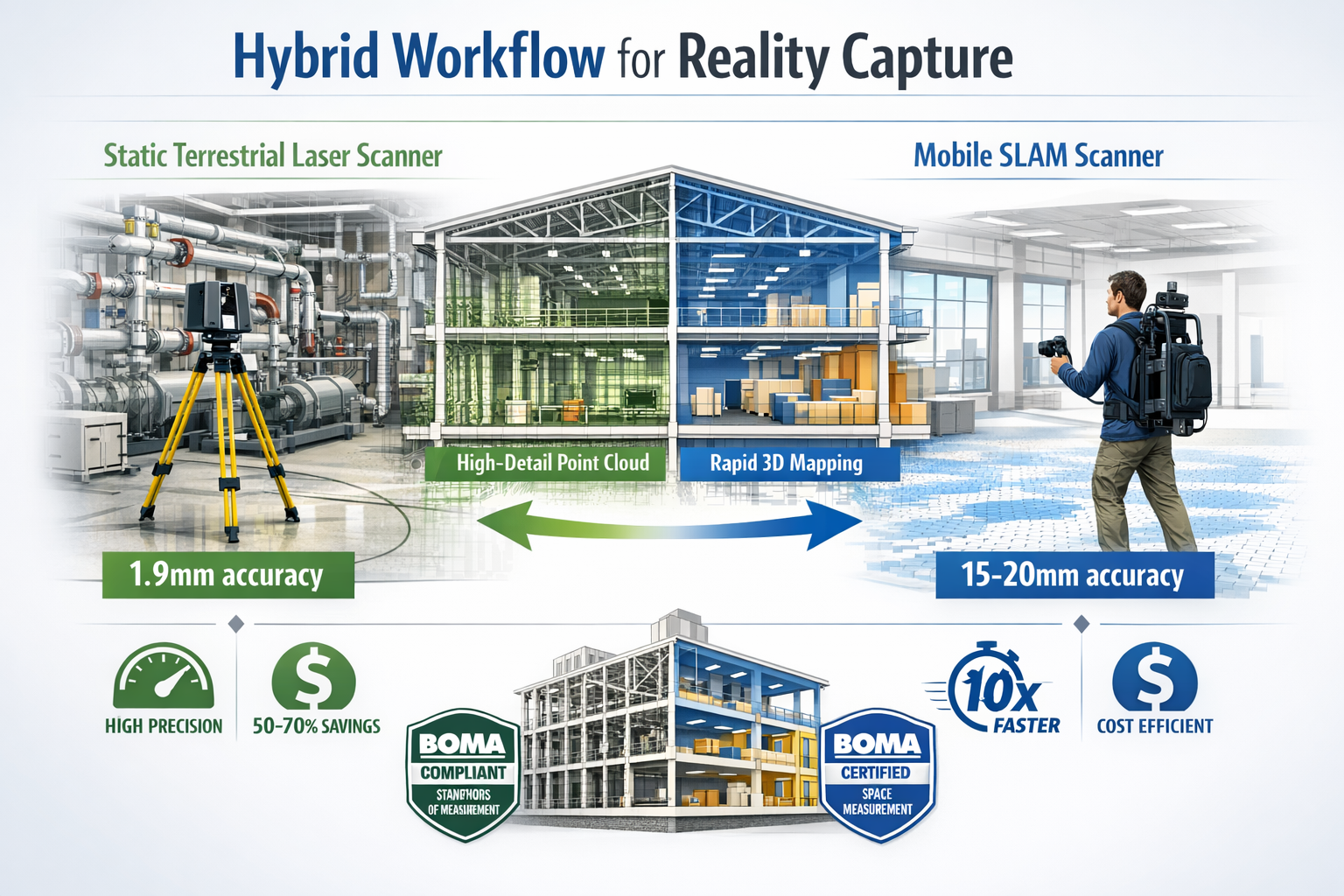 Landscape format (1536x1024) detailed infographic showing hybrid workflow strategy for reality capture projects. Visual flowchart displaying