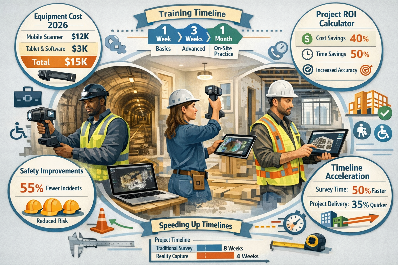 Landscape format (1536x1024) practical implementation guide visualization for small surveying firms adopting reality capture technology. Cen