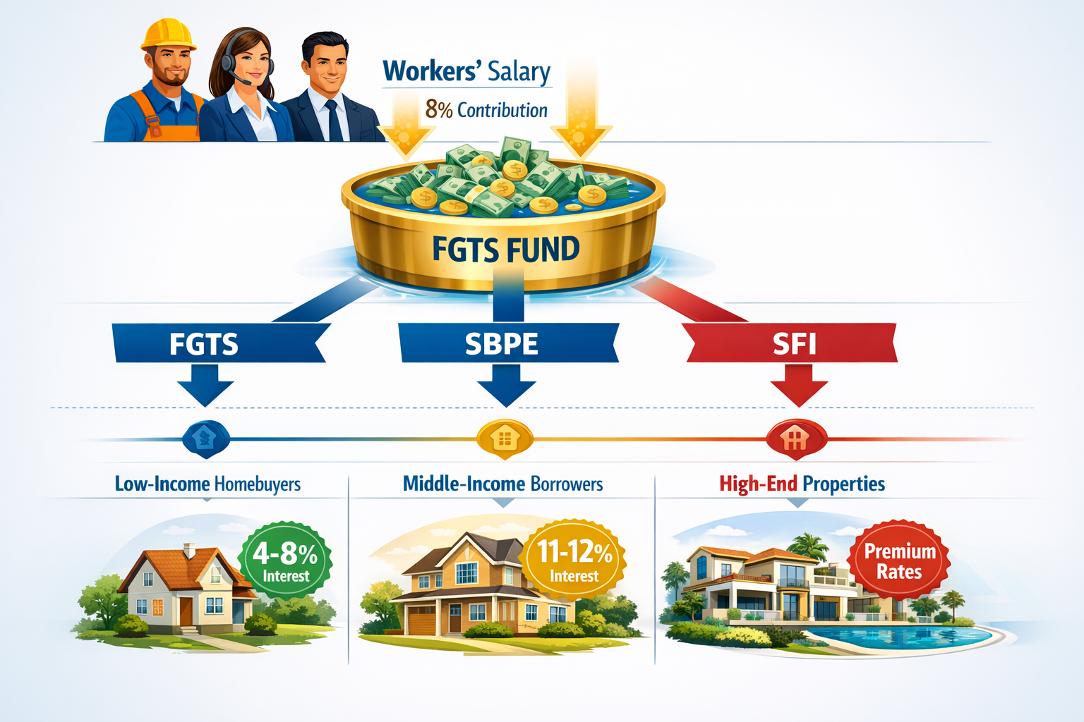 () detailed infographic showing FGTS funding mechanism flowchart with three distinct channels labeled FGTS, SBPE, and SFI.