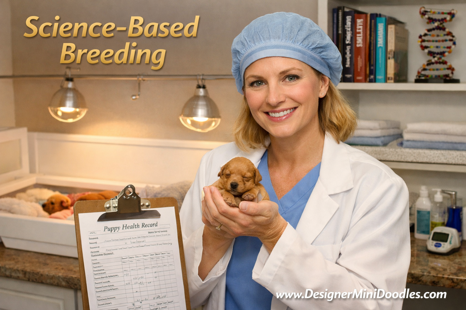 () editorial image showing a professional animal biologist in a clean, bright whelping room holding a tiny apricot micro