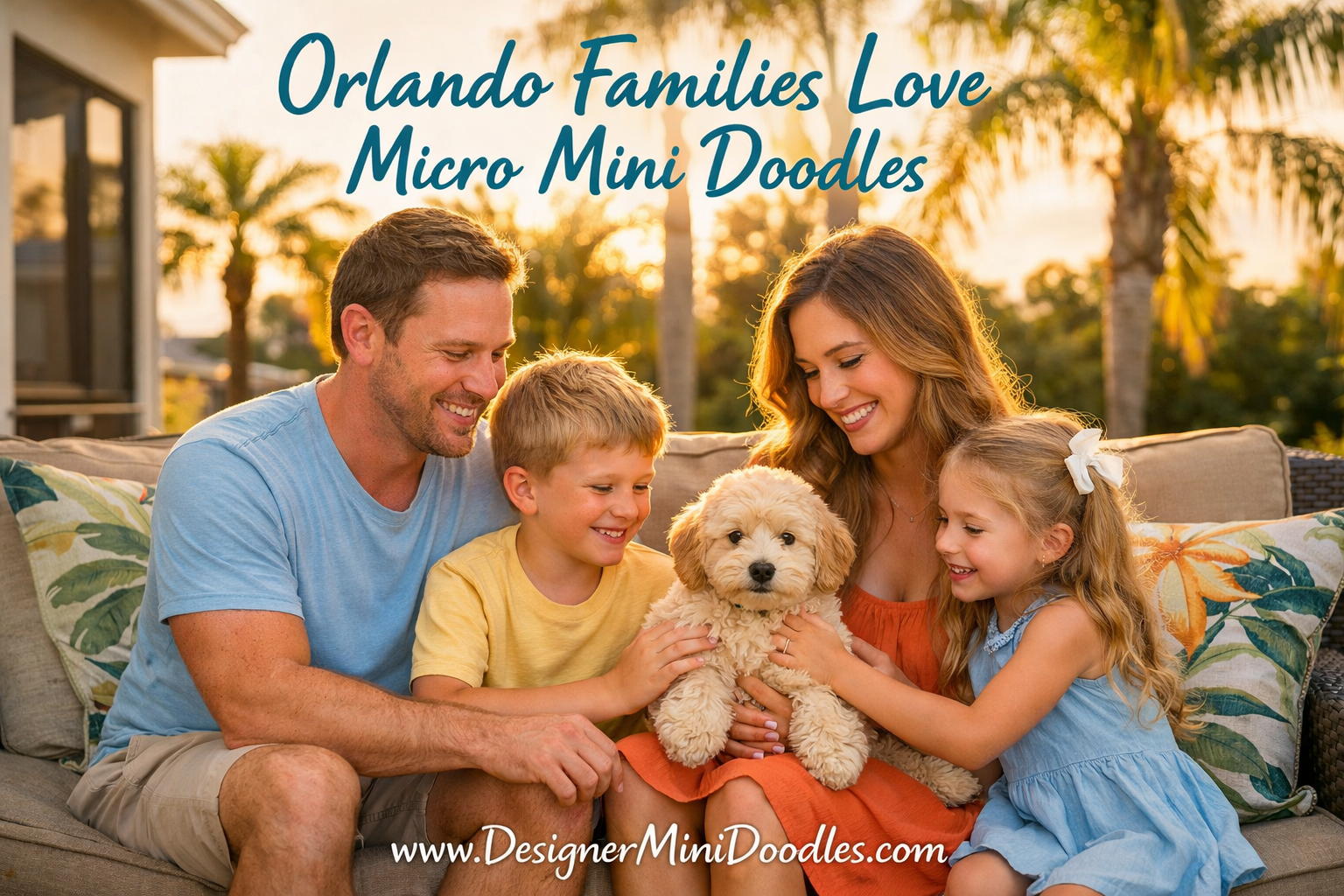 () image of a happy Orlando Florida family with two young children sitting on a sunny backyard patio with a fluffy cream