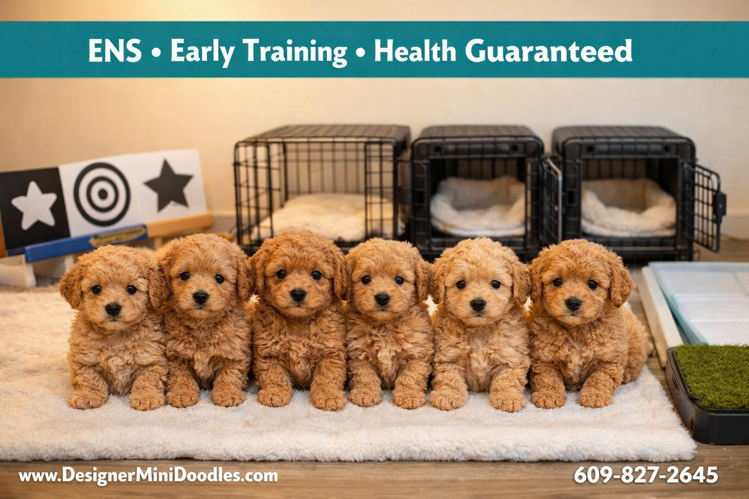 () image showing a row of tiny micro mini goldendoodle puppies in a clean, bright early socialization nursery setting with