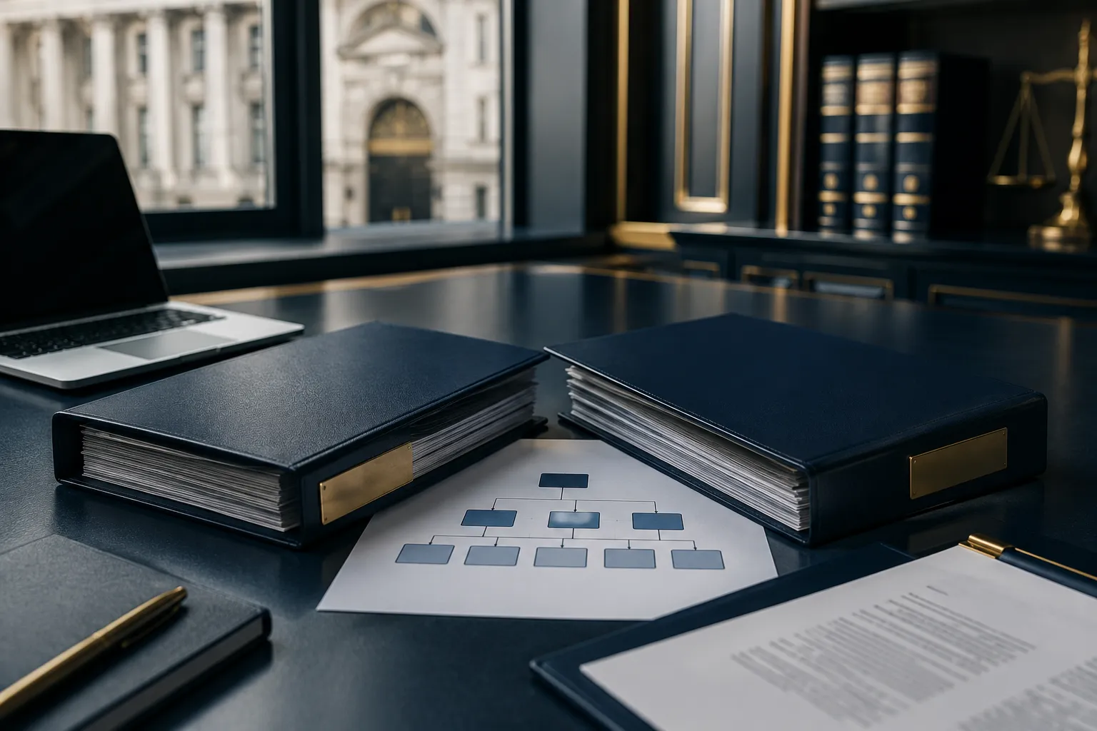 Twee donkerblauwe dossiermappen die op een vergadertafel samenkomen rond een organigram, met een laptop en een rechtbankgebouw door het raam