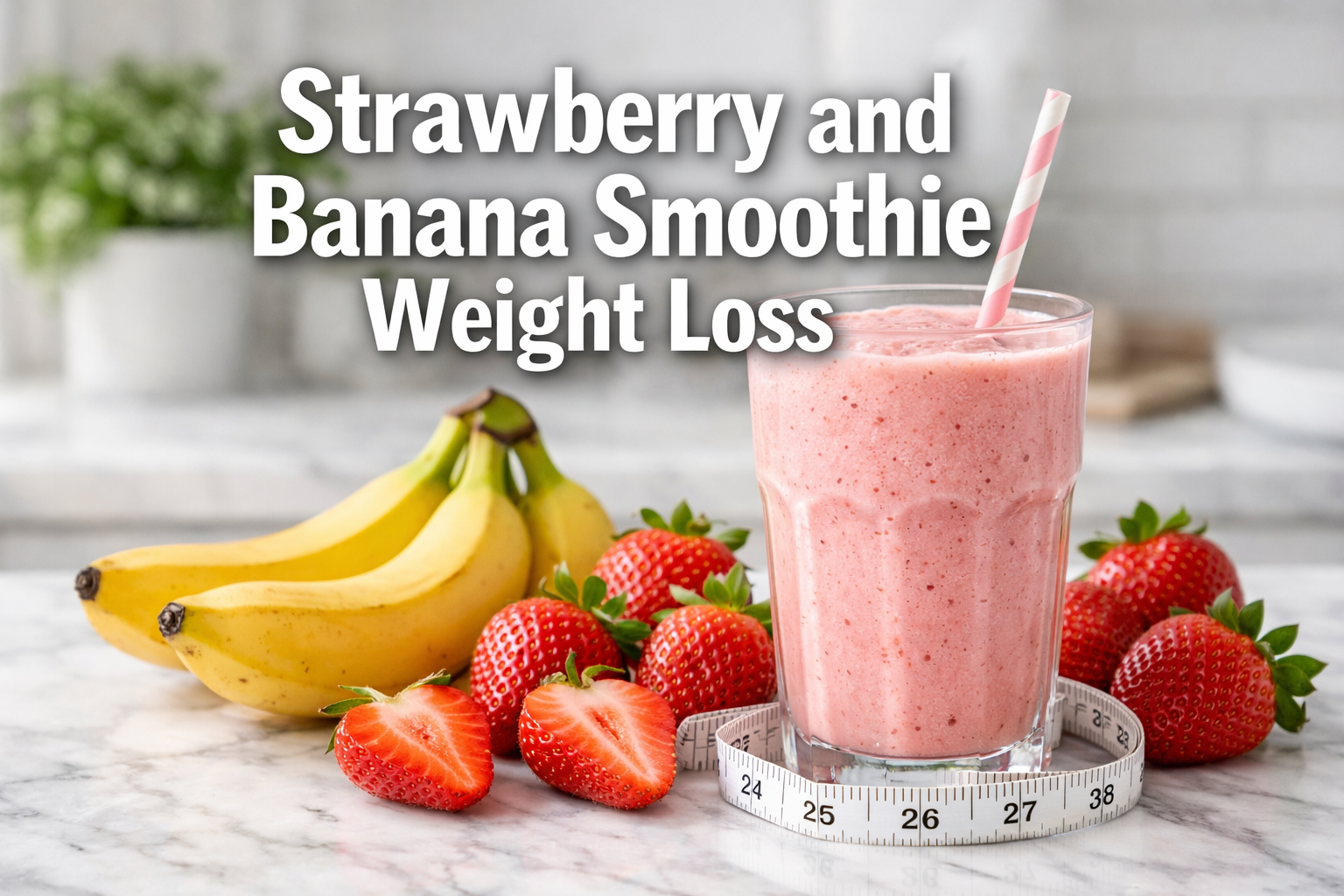 Professional landscape hero image (1536x1024) featuring bold text overlay 'Strawberry and Banana Smoothie Weight Loss' in extra large 72pt w