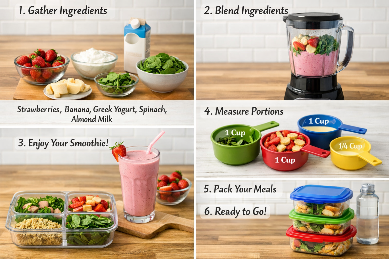 Step-by-step visual guide showing smoothie preparation process - ingredients laid out (strawberries, banana, Greek yogurt, spinach, almond m