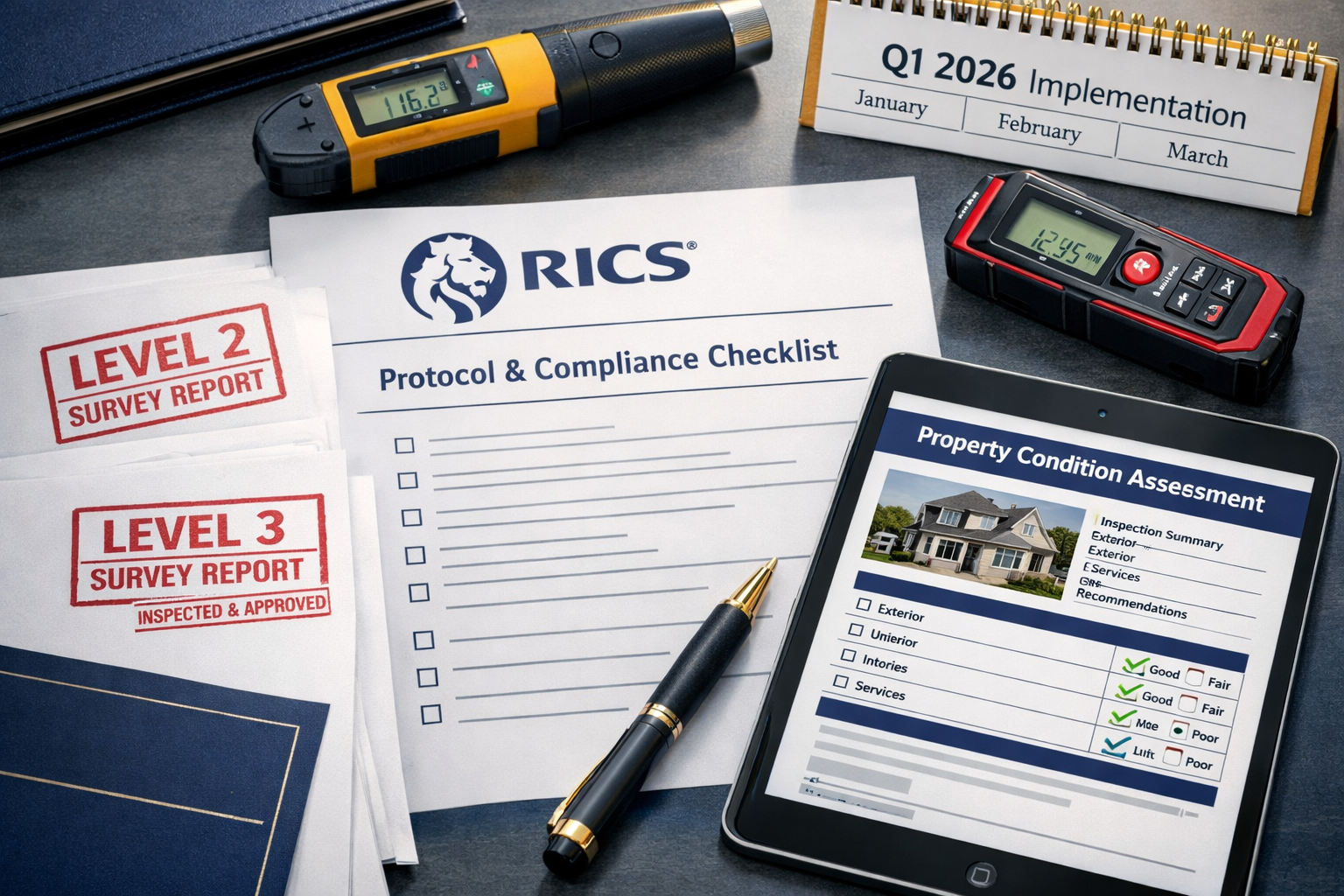 Detailed () editorial image showing close-up of official RICS protocol documentation and compliance checklist on modern desk