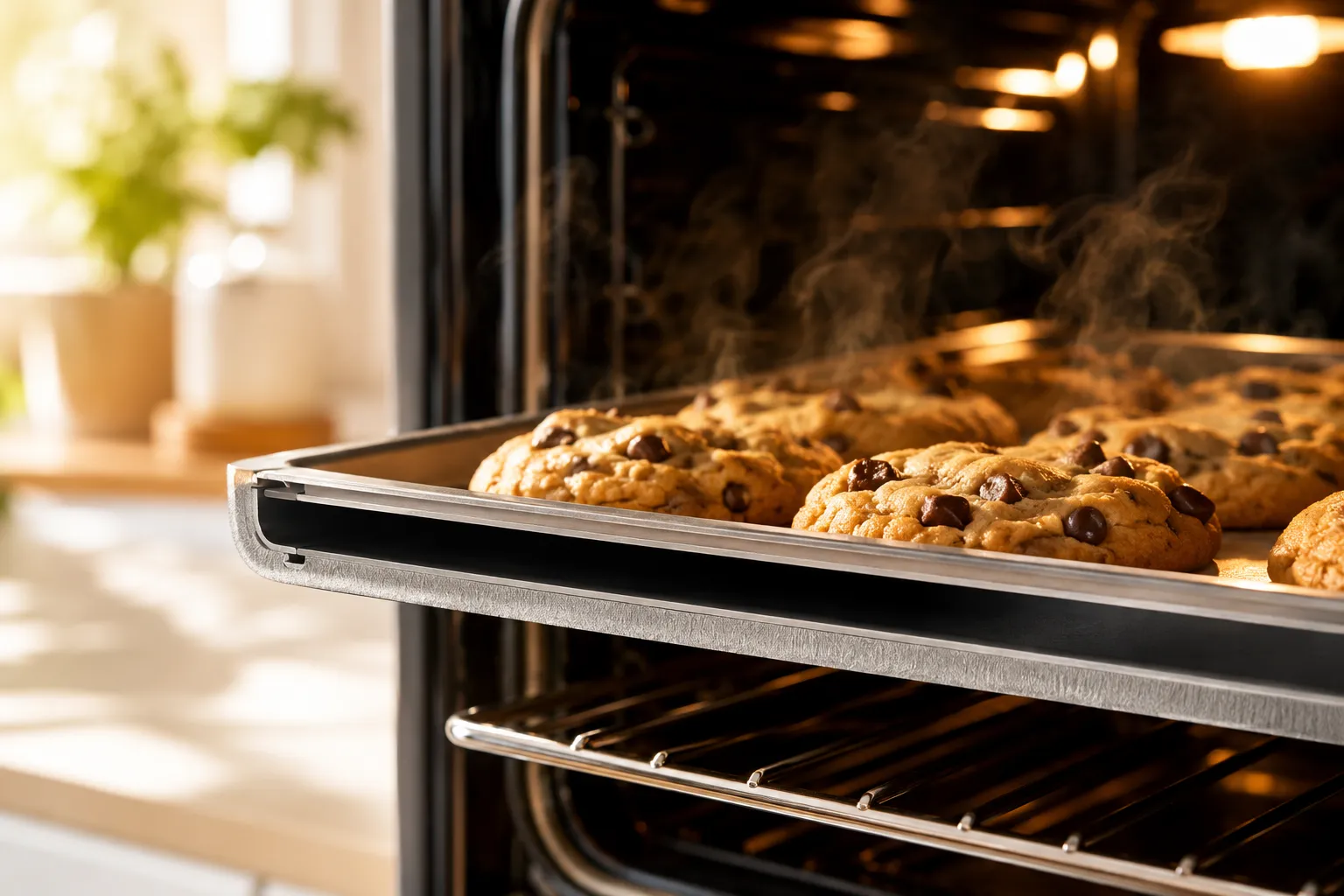 Airbake Insulated Bakeware Bright natural-light editorial photograph showing a cutaway side view of an insulated double walled aluminum cookie sheet with a visible air pocket between two metal layers, cookies baking evenly on top rack of a home oven, warm golden tones, steam rising, close focus on the air gap construction, no text overlay, magazine food photography style. What Is Airbake Insulated Bakeware and How Does It Work
