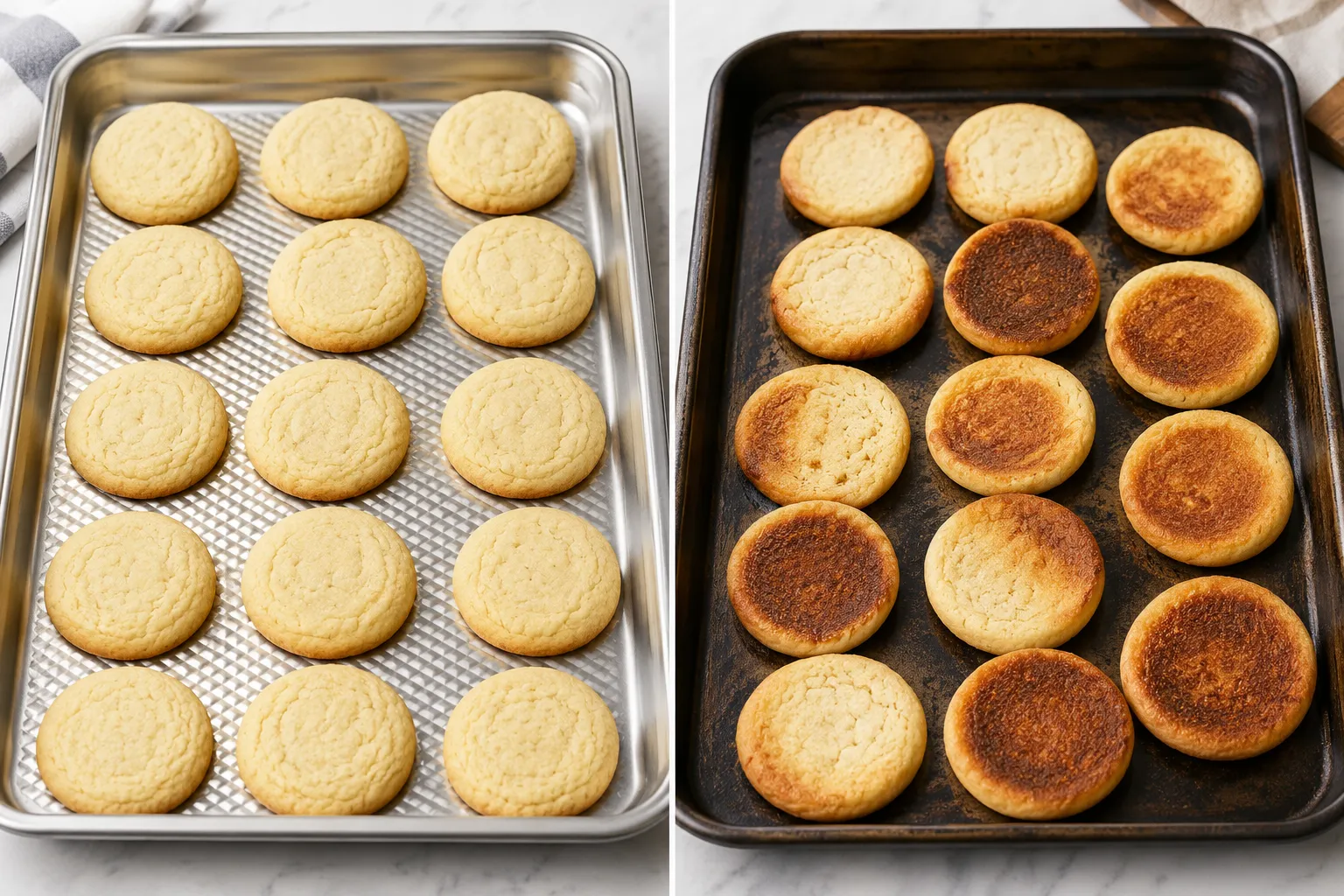 Airbake Insulated Bakeware Split screen editorial comparison photograph: left side shows a shiny insulated airbake cookie sheet with pale evenly baked cookies, right side shows a dark uninsulated baking sheet with cookies that have overly browned bottoms, both trays lit under identical bright kitchen lighting, high contrast magazine composition, no text labels, realistic food styling. Can You Use Airbake on Convection Ovens