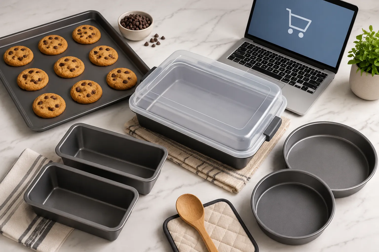Airbake Insulated Bakeware Flat lay editorial photograph of a curated bakeware shopping display featuring a nonstick jumbo cookie sheet, a 9x13 rectangular cake pan with a clear lid, a two piece loaf pan set, and a round cake pan set arranged neatly on a marble counter beside a laptop showing a shopping cart icon, bright studio lighting, clean commercial photography look, no readable pricing text. Best Alternatives to Airbake Insulated Bakeware
