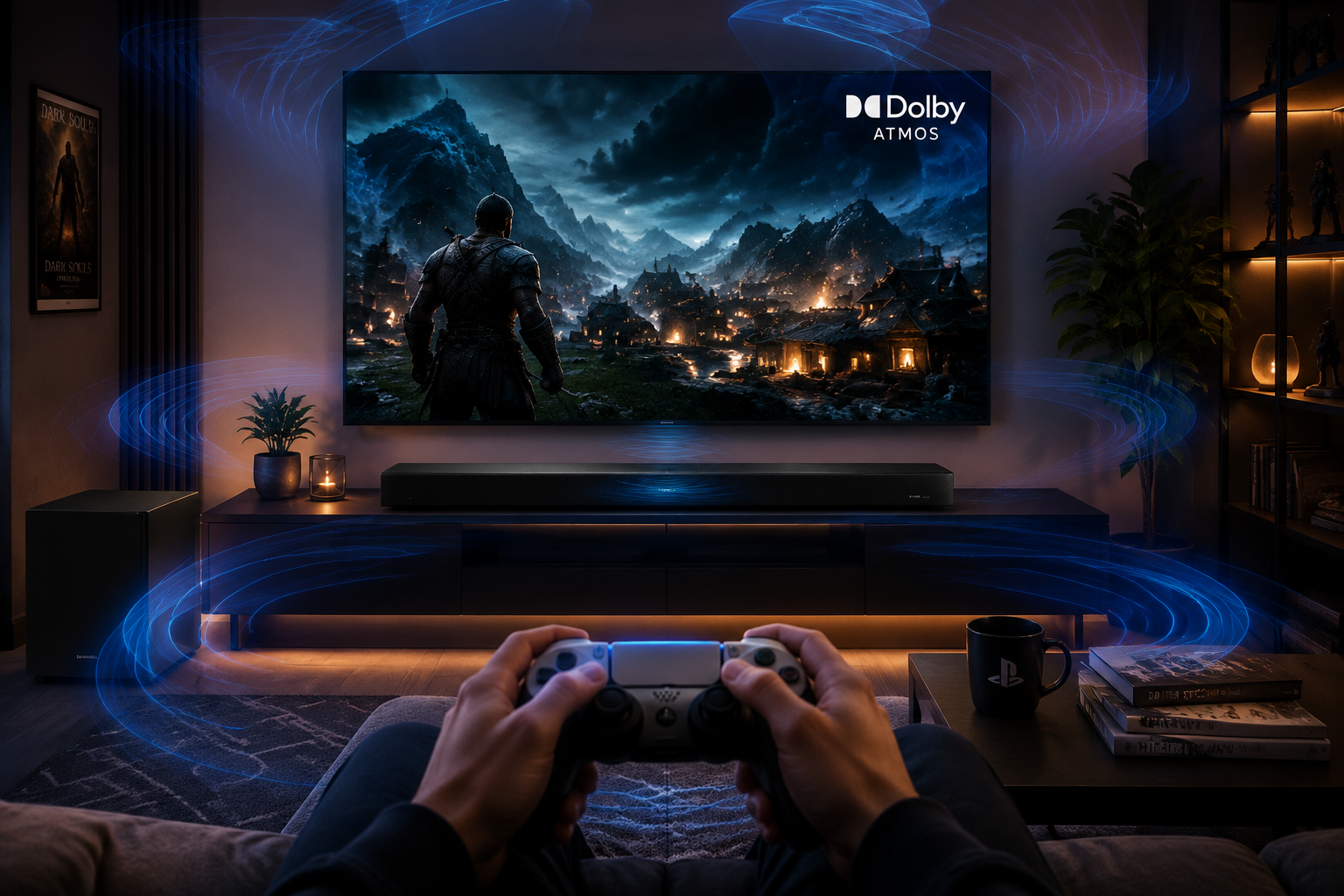 Detailed landscape format (1536x1024) showing a first-person perspective from a couch looking toward a large TV with the Samsung HW-QS700F soundbar beneath it, subwoofer visible to the left on the floor, on-screen display showing Dolby Atmos logo, room filled with subtle blue sound wave visualizations, realistic home cinema environment, evening mood lighting, immersive gaming scene on screen with controller in foreground Samsung HW-QS700F: Full Technical Specifications