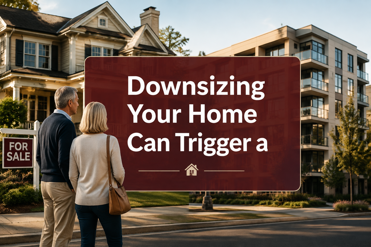 Older couple reviewing capital gains paperwork while downsizing their home