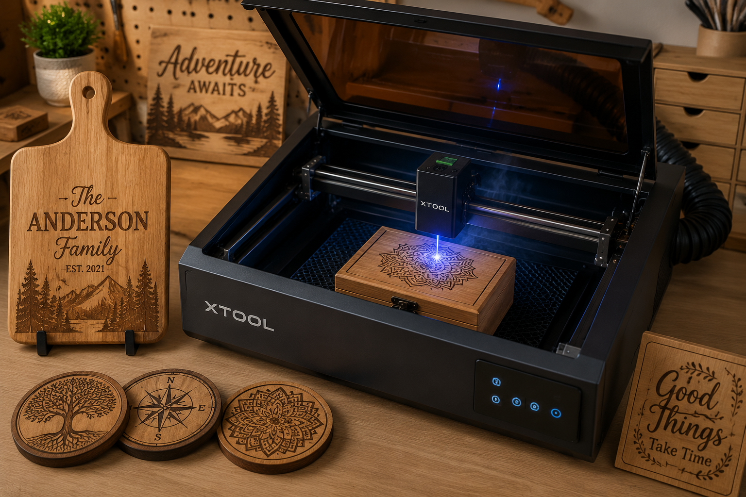 Detailed () image focusing on a desktop laser engraver in action, etching a complex geometric pattern onto a small wooden