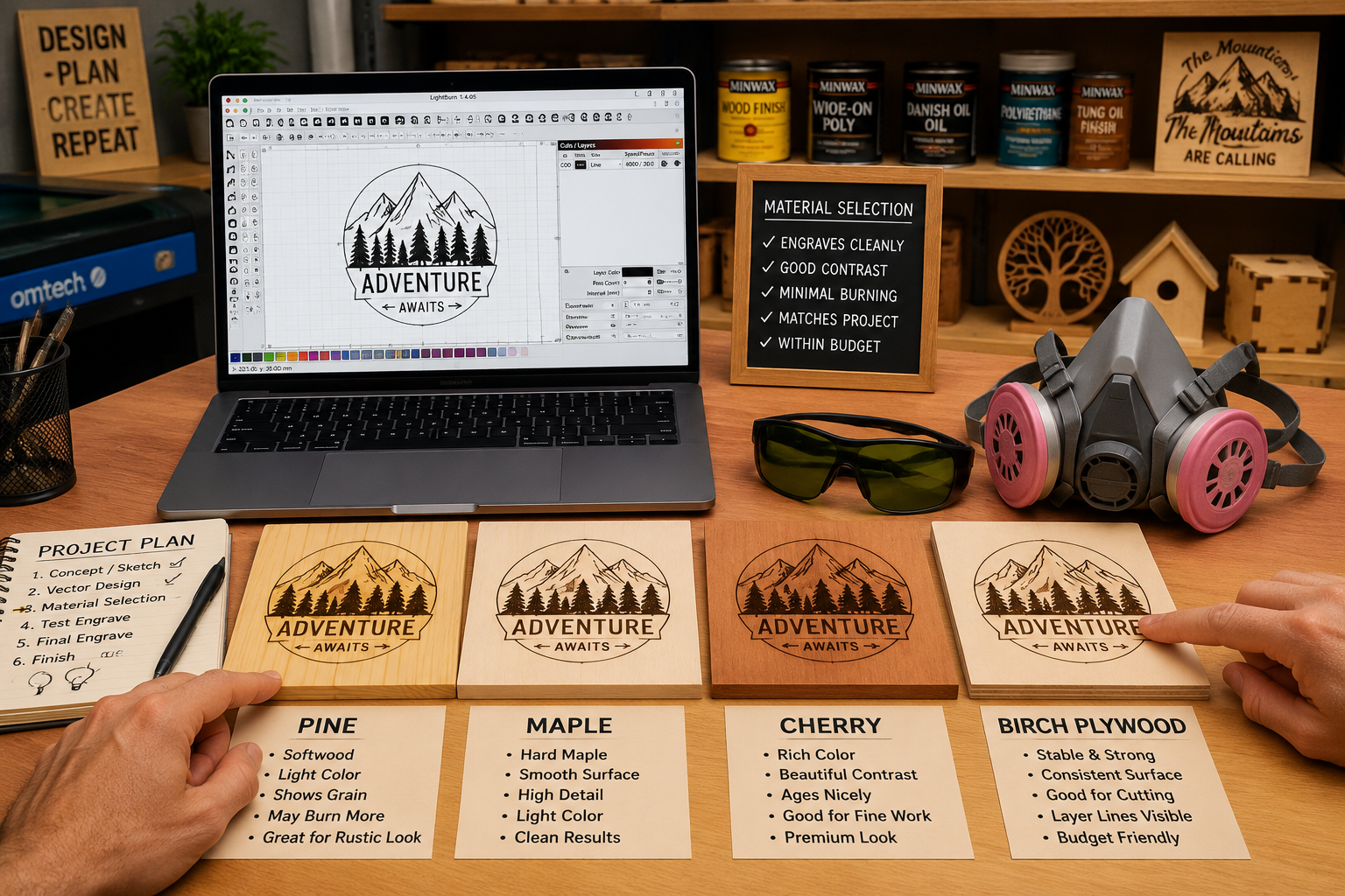 Detailed () image illustrating a workbench with a laptop displaying laser engraving software (e.g., LightBurn) showing