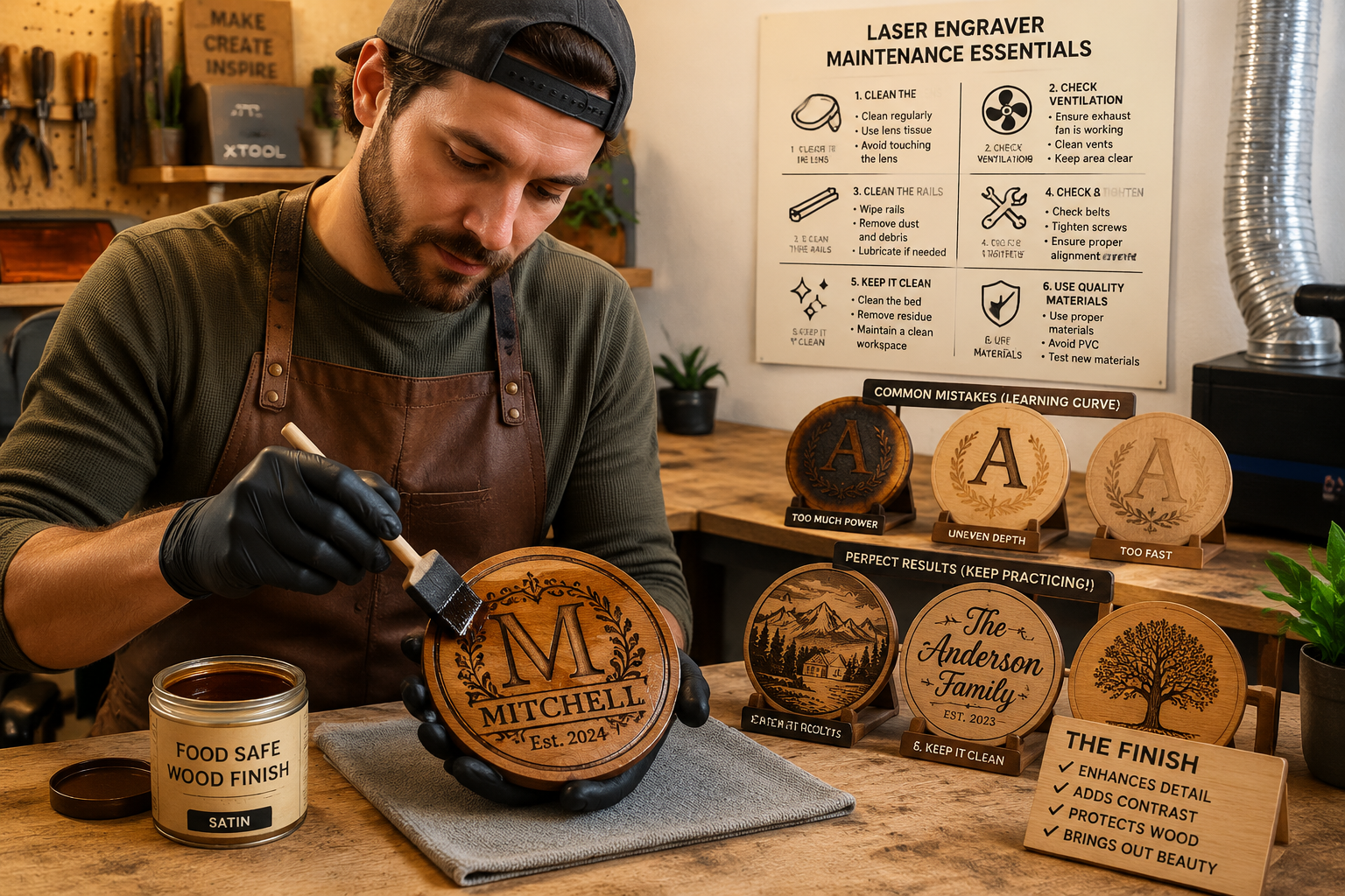 Detailed () image demonstrating a woodworker applying a protective finish to a laser-engraved wooden coaster. The coaster
