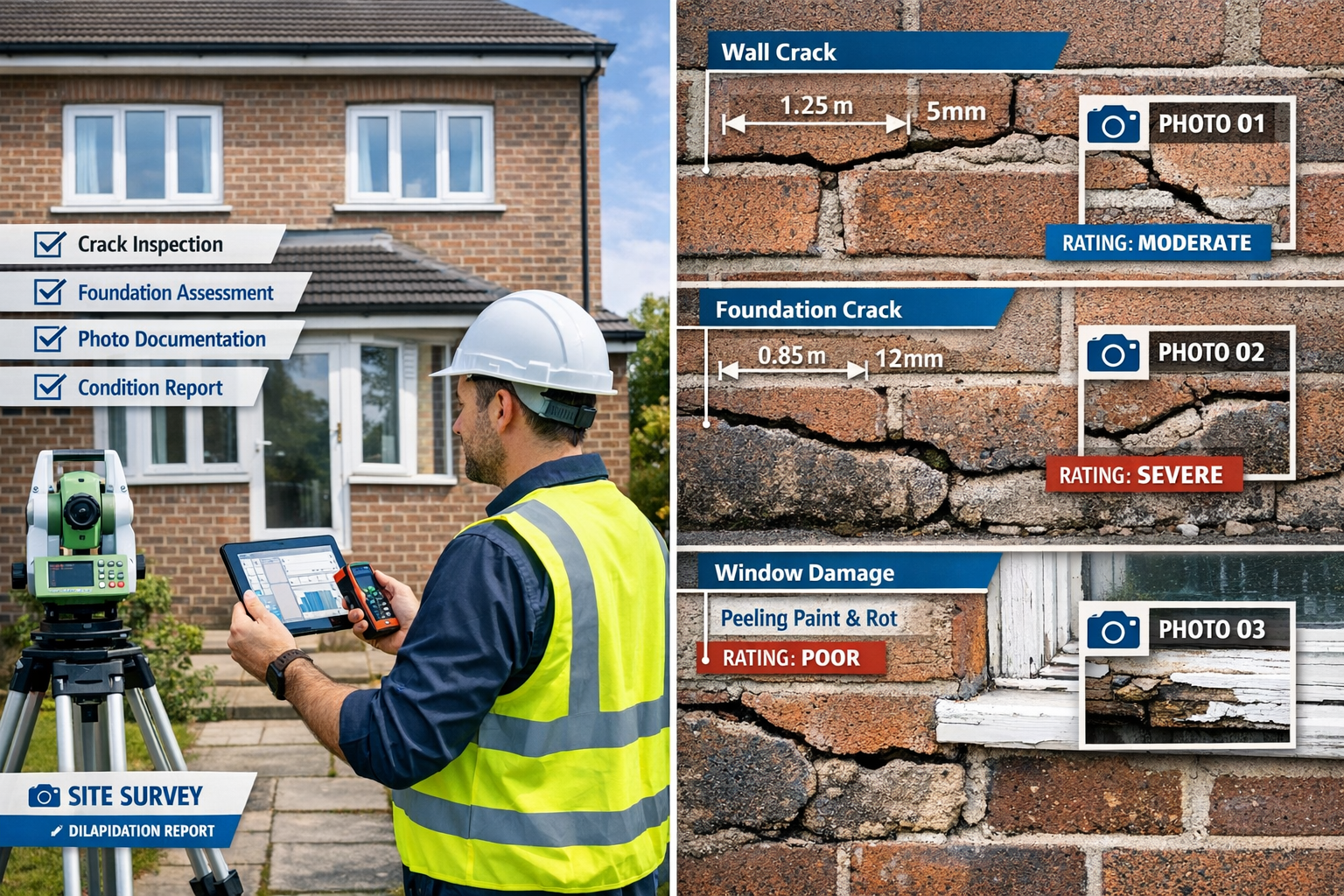 Detailed landscape format (1536x1024) image showing professional surveyor conducting pre-construction dilapidation assessment on residential